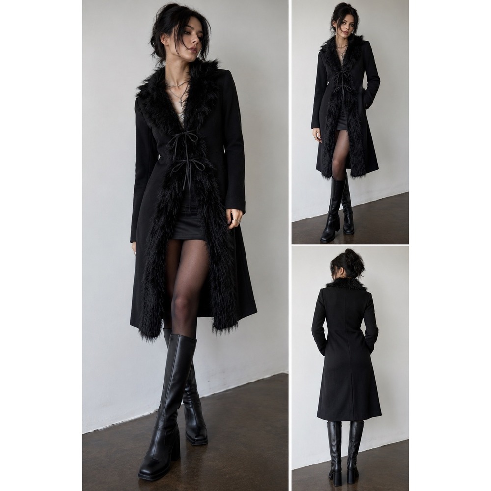 Yi Lai Li Black Faux Fur Trim Longline Coat Tie Front Goth Vintage Style Small